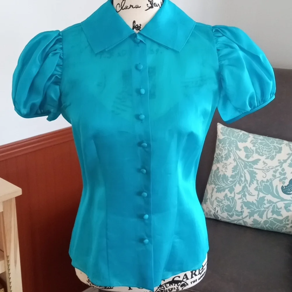 Ralph Lauren purple label women's blouse 100% silk size 6 turquoise color - Picture 4 of 17